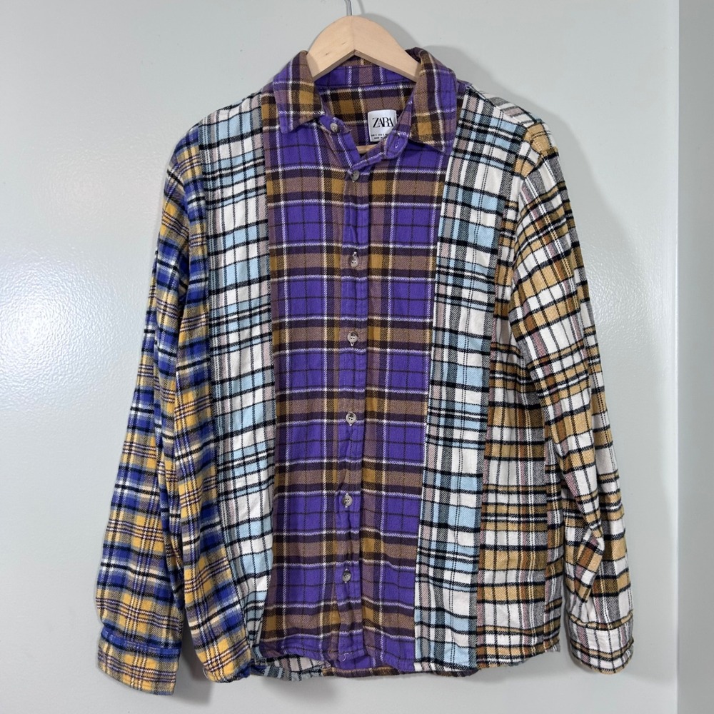 Zara Patchwork Plaid Flannel Shirt Mens Small Purple Blue Multi Button Down